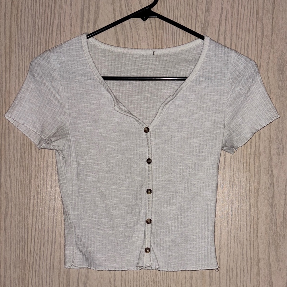 White Sheer Cropped Button Up Blouse Shirt